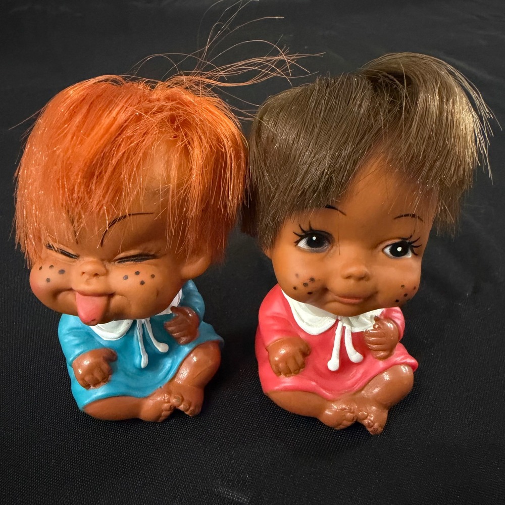 Vintage Rubber Baby Dolls Made in Korea 2 Pair Orange Brown Hair Kitsch